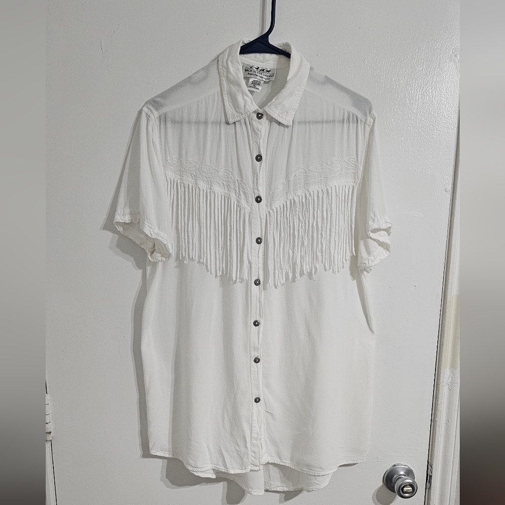 Back In The Saddle Fringe Button Down‎ Shirt   White Western Rodeo